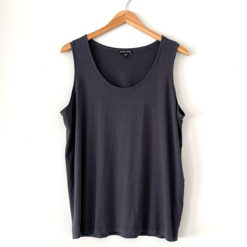 Eileen Fisher Dark Grey Jersey Scoop Neck Tank Sz L Basic Layering Minimalist